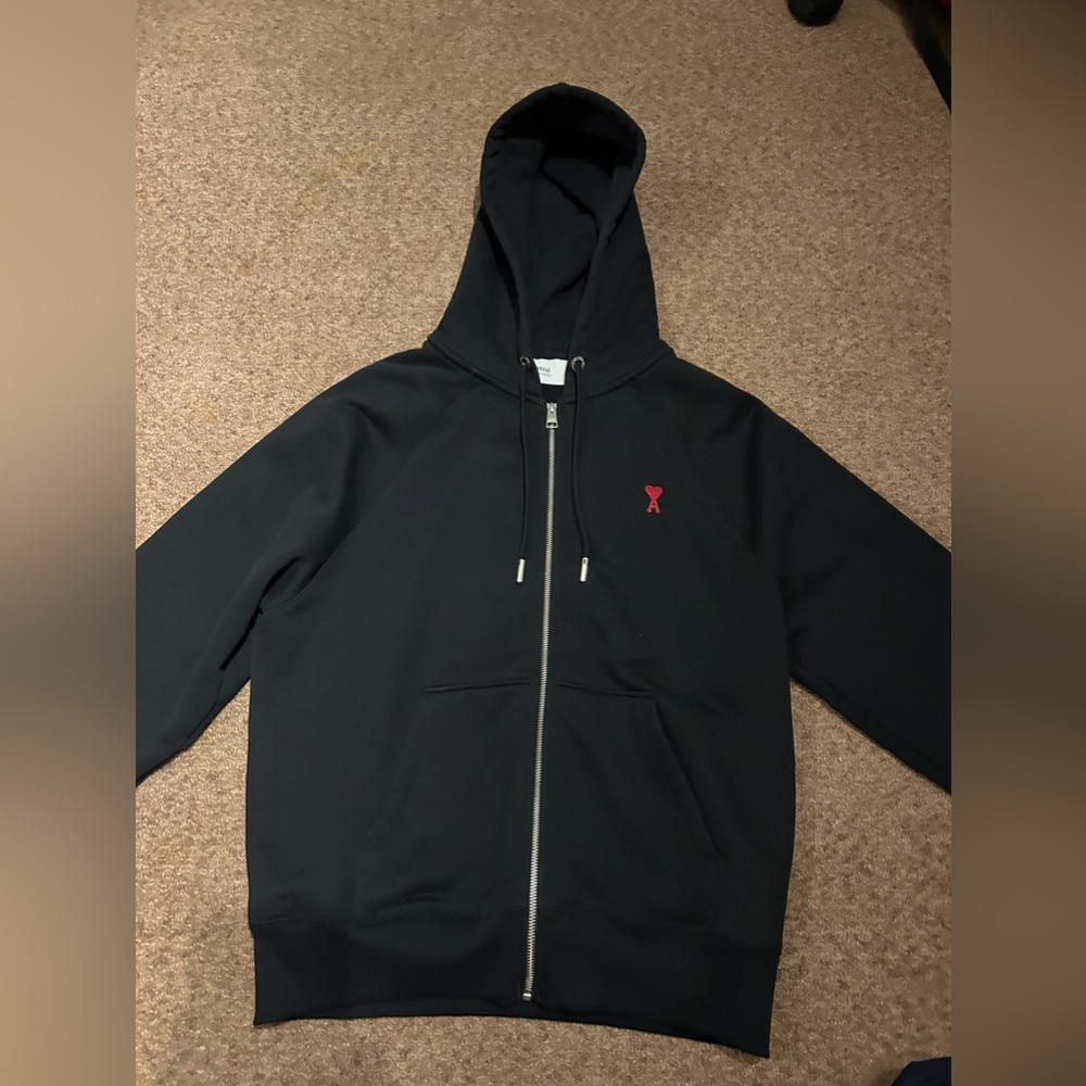 AMI PARIS ZIP UP EMBROIDERED HOODIE